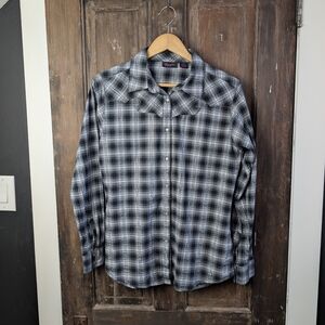 Wrangler Western Pearl Snap Shirt Black Silver Plaid | Festival Cowgirl | Size L